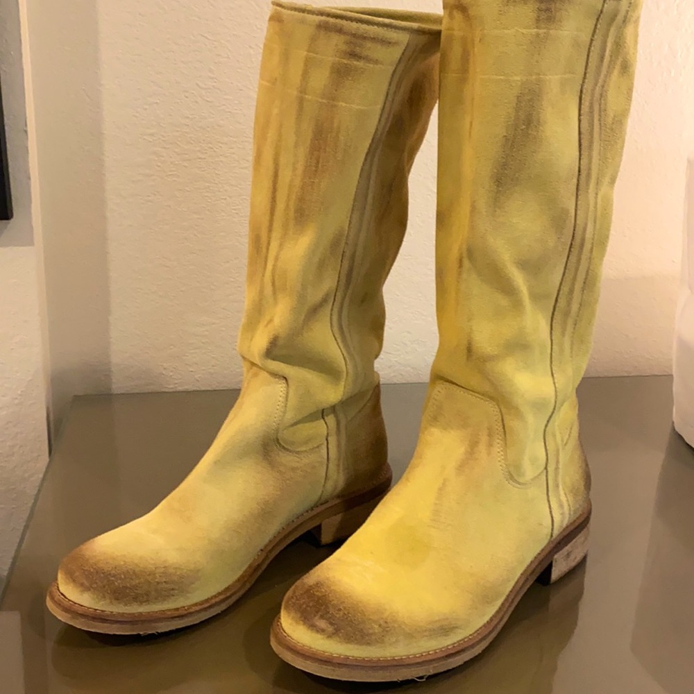 Yellow suede Italian tall or slouch boots.